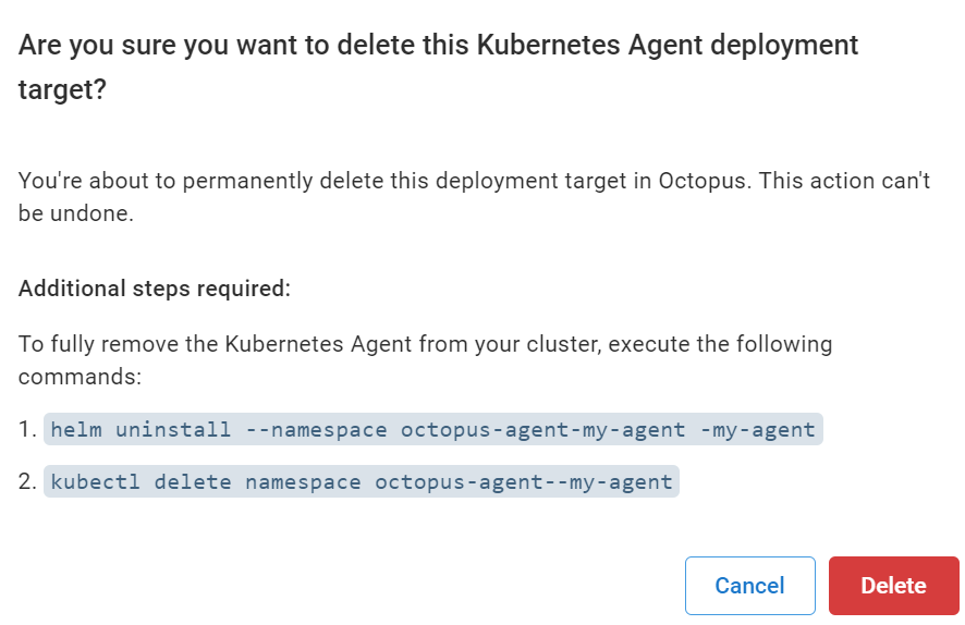 Kubernetes Agent delete dialog