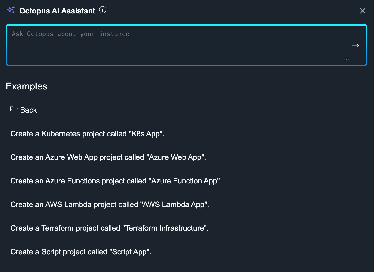 Octopus AI Assistant pre-configured project options