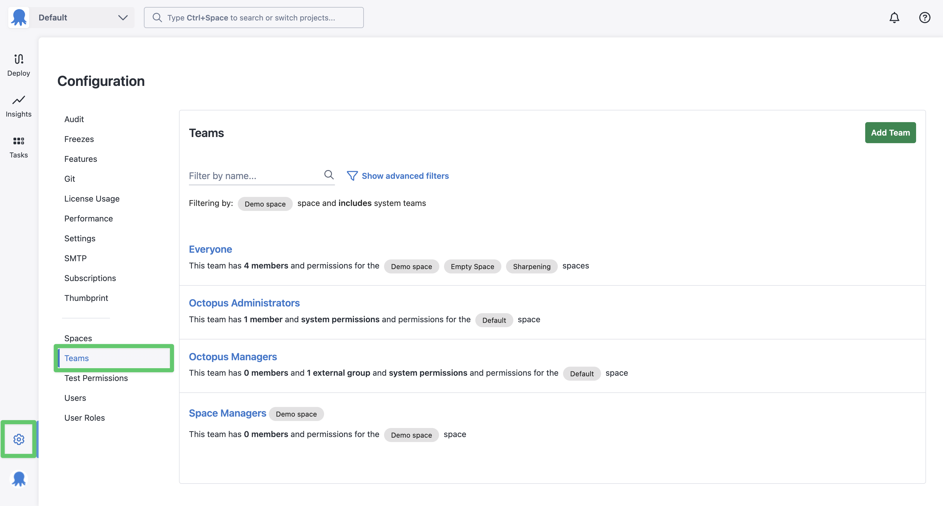 Teams page in Octopus Cloud instance