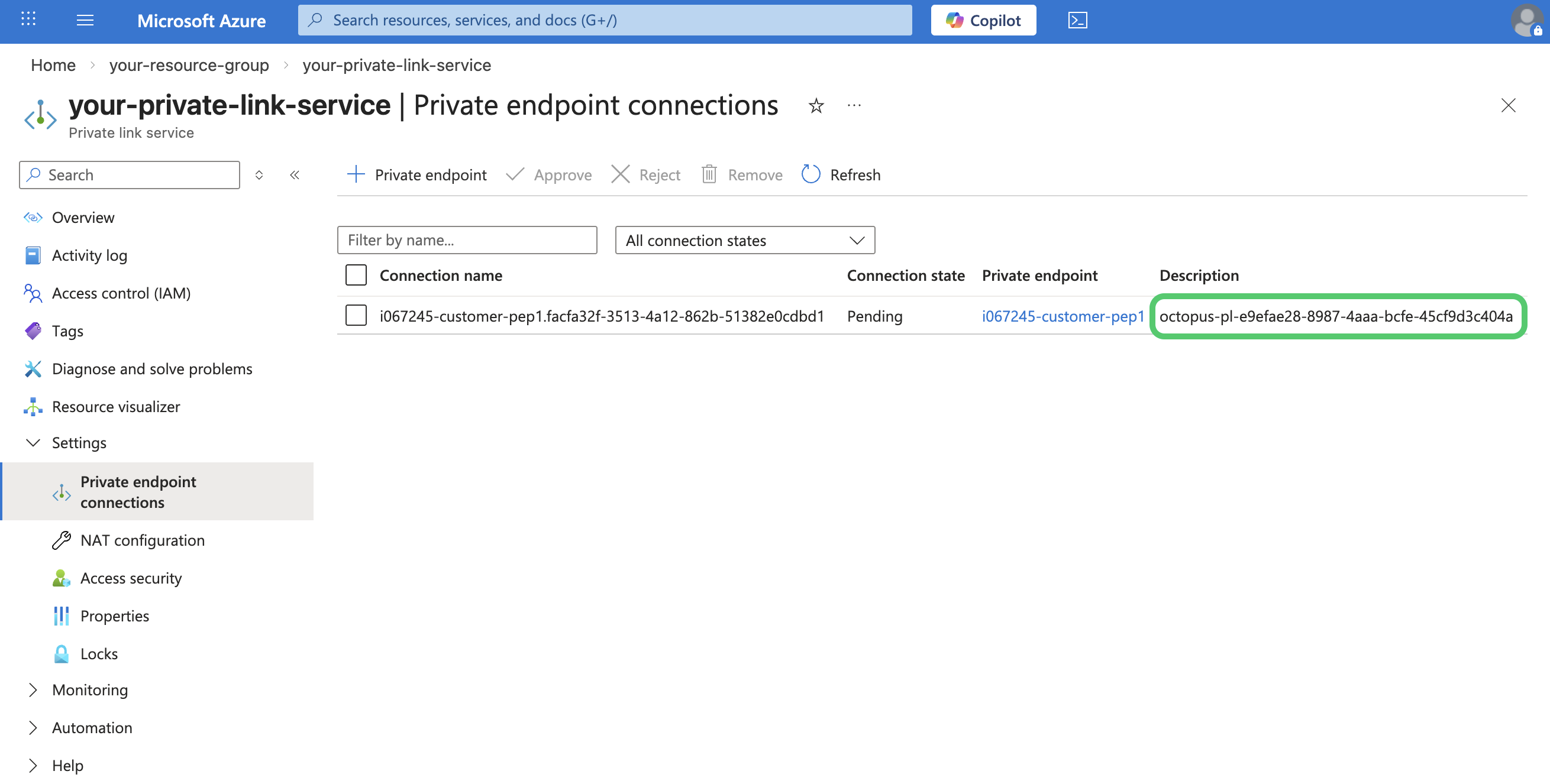 A screenshot of the Private endpoint connections tab on a Private Link Service in Azure Portal, showing a pending connection with the Request message column visible